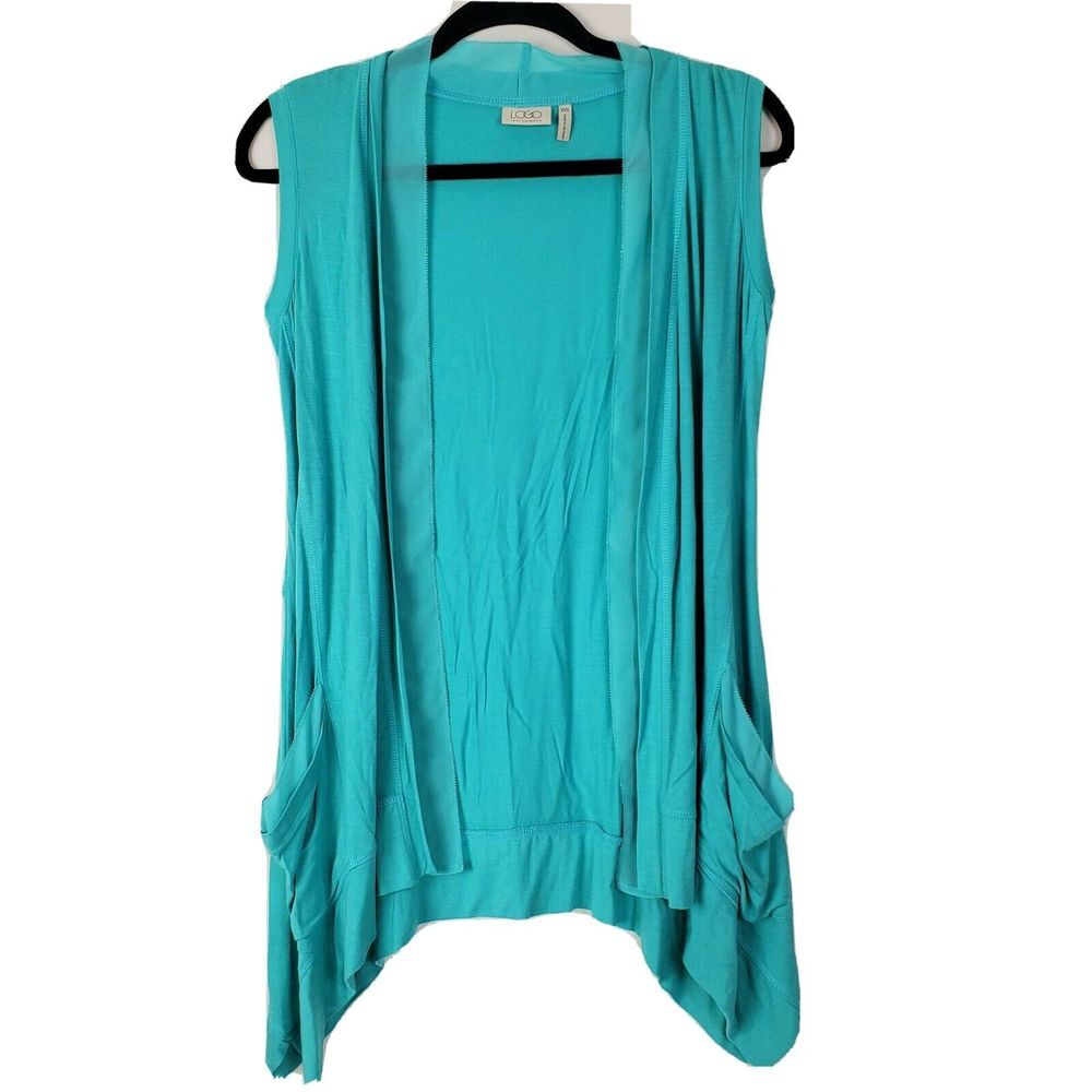 LOGO by Lori Goldstein Open Front‎ Vest Chiffon Trim Blue XXS A251180